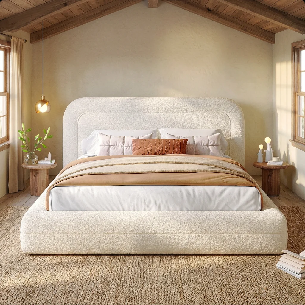EnHomee Boucle Cloud Bed Frame with Headboard Upholstered Bed Frame with Curved Edges Design, Anti-Collision Platform Bed for Bedroom