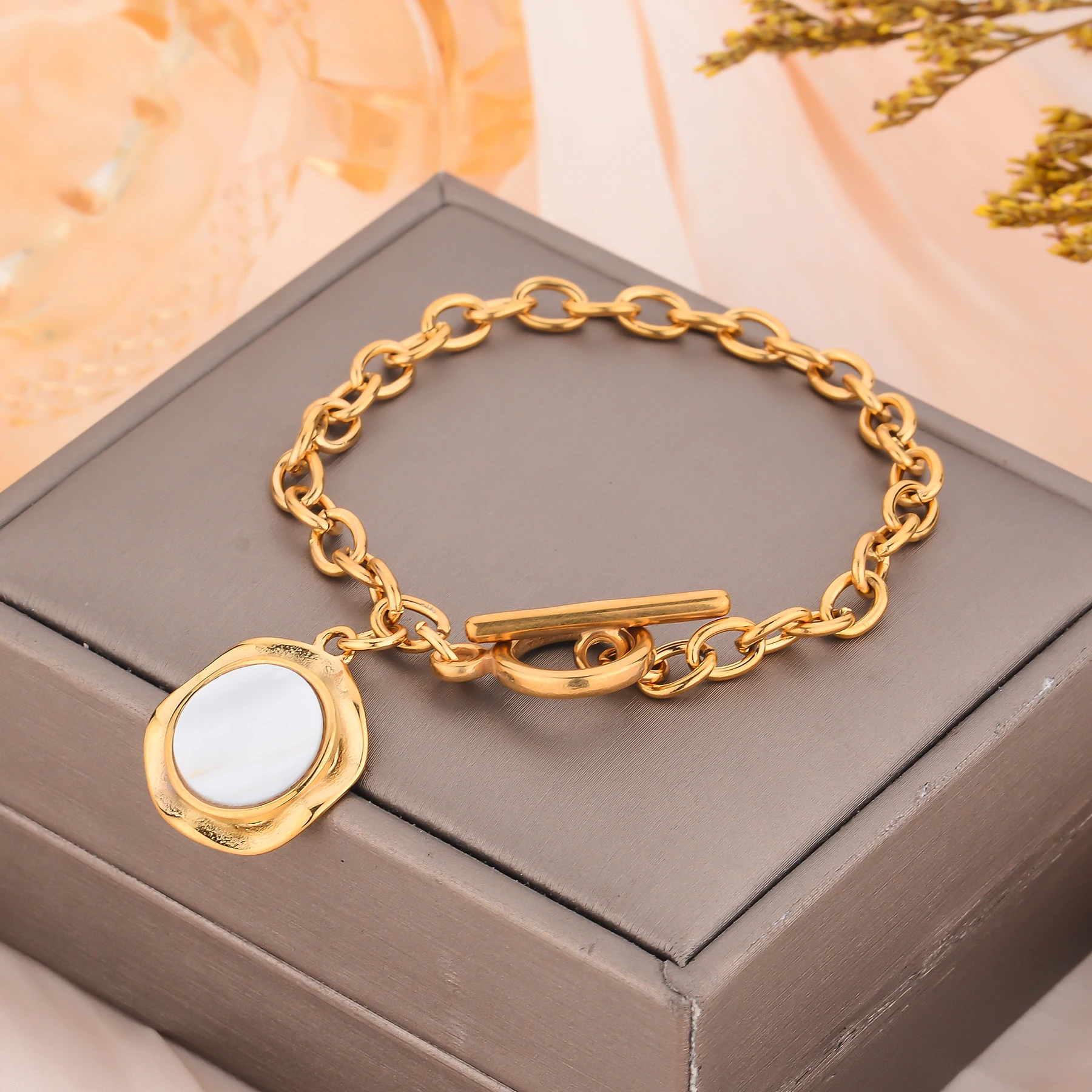 الأزياء الفولاذ المقاوم للصدأ تقليد اللؤلؤ شل سحر سلسلة ربط سوار غير يتلاشى أفضل هدية للنساء طول 18 سنتيمتر-25 سنتيمتر