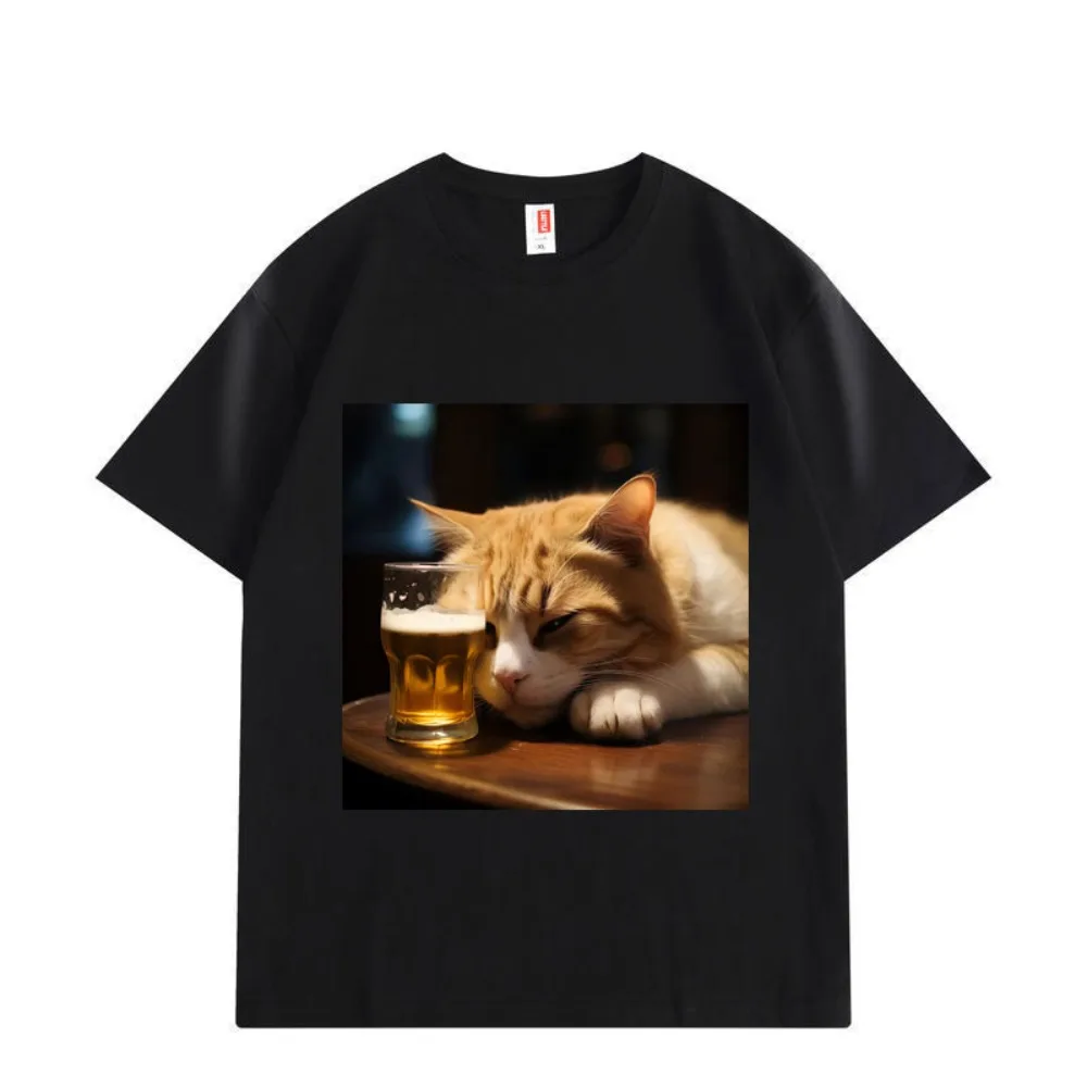 Fun Drunken Cat Pattern T-shirt Women Men High Quality Fashion T-shirt Summer Casual T-shirt Round Neck Short Sleeve