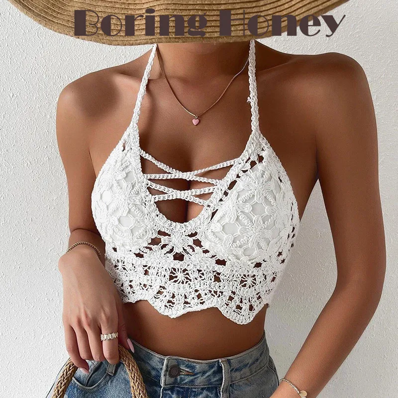 

Boring Honey New Sexy Hollow Out Crop Top Women Neck Strap Beach Bikini Bohemian Crocheted Corset Hot Girl Fashion Sexy Top Woma