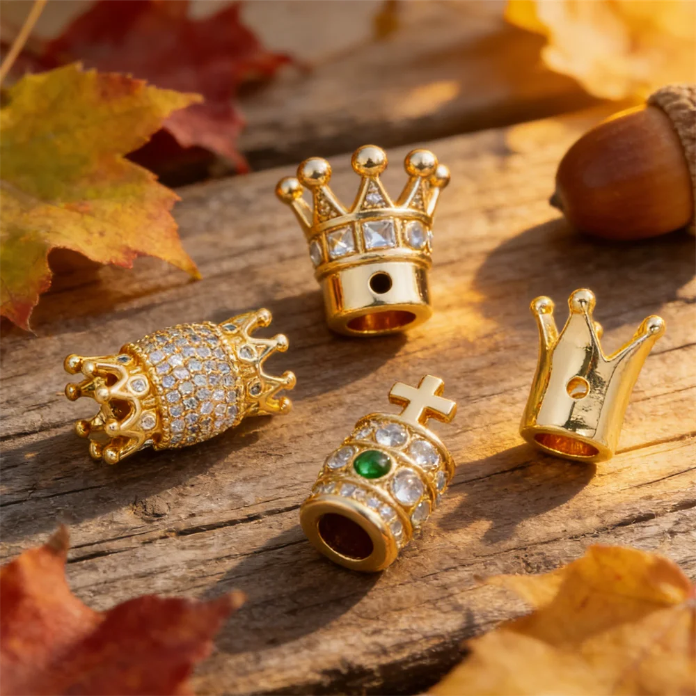 

4Pcs Crown Beads CZ Zircon Parts for DIY Jewelry Necklace Bracelet Exquisite Shiny King Queen Style Women Men Brass Accessories