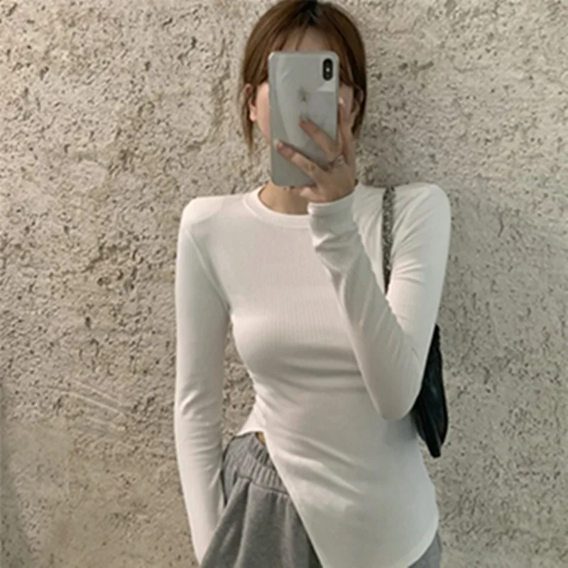 Spring Side Split Irregular Thin Tops for Female Black White Long Sleeve O-neck Slim Girls\' Knitting Pullovers Woman Tees Shirts