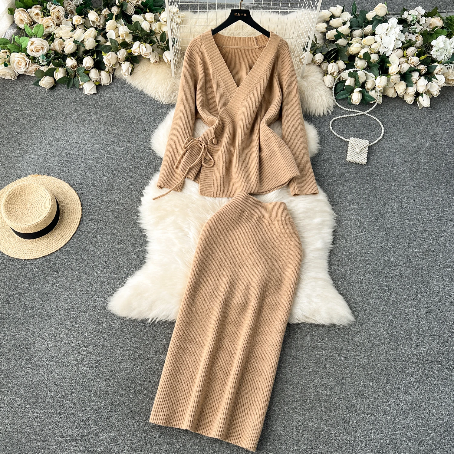 Women Knit 2-piece Suits V-Neck Chic Knitted Cardigan Sweater + Mid-length Skirt Clothes Sets