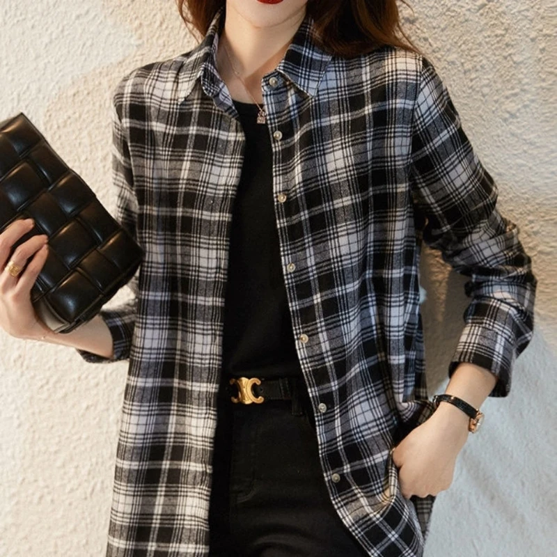 Women\'s Shirt New Spring Autumn Long Sleeve Single-breasted Polo-neck Casual Printing Plaid Office Lady Elegant Fashion Cardigan