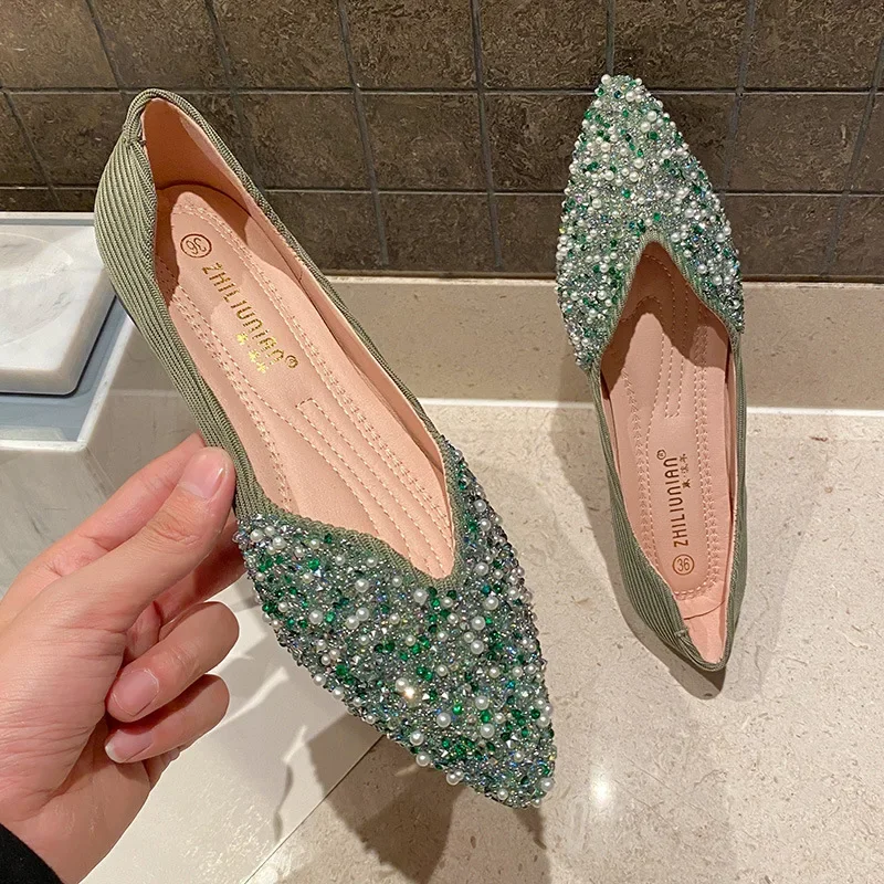 2024 Autumn Women's Bohemian Shoes Rhinestone Decoration Pointed Toe Flat New Fashion Party Dress Shoes Rhinestone Women Shoe