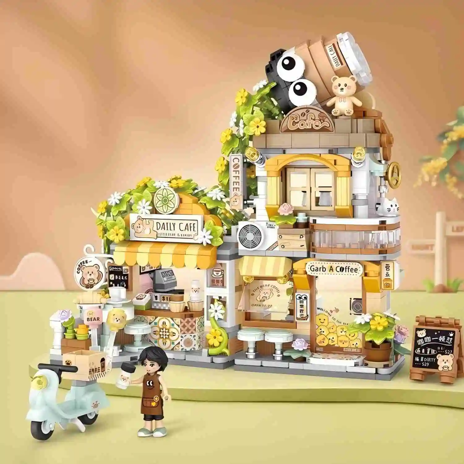 Bricolage grande maison de chat orange à la main mini vue sur la rue panda coeur boutique de cadeaux épissage bloc de construction jouet cadeau en gros