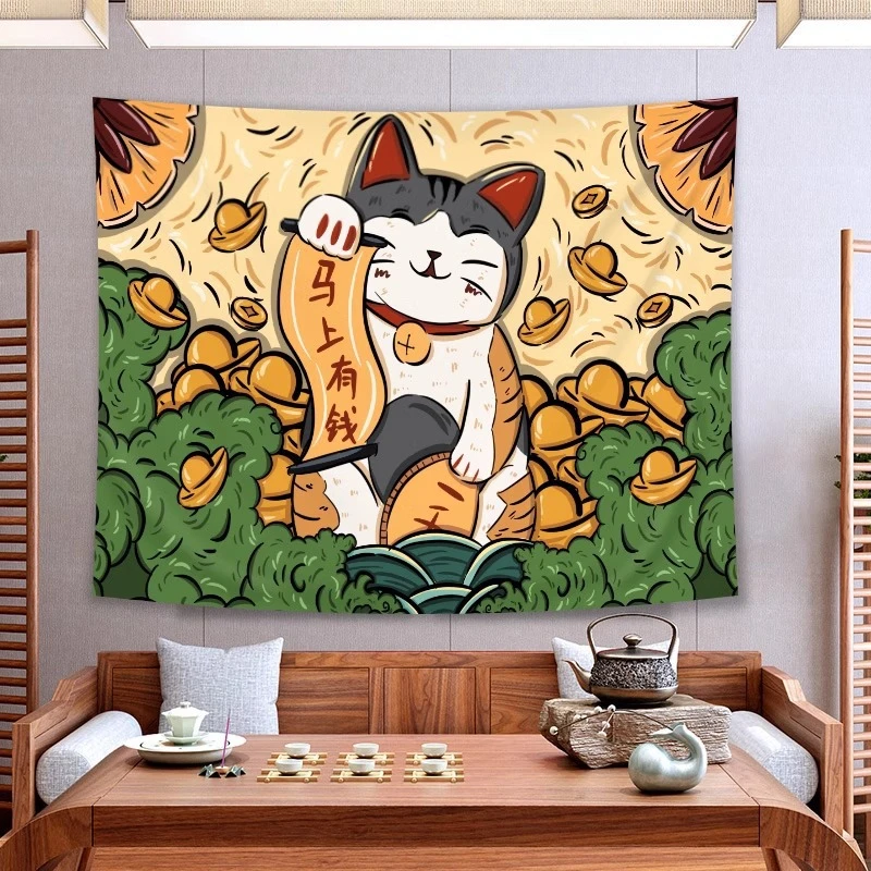 VIKAMA Maneki Neko Tapestry Wall Hanging White Lucky Cat Money Bag Gold Coins Cute Kawaii Aesthetic Wall Art Room Decor