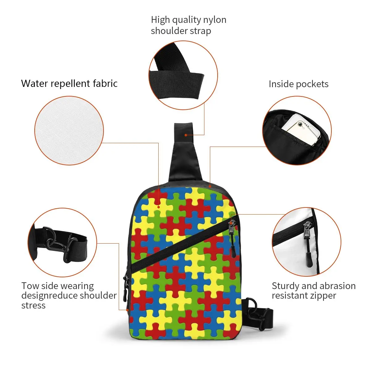 Custom Jigsaw Puzzle Pieces Sling Chest Bag Custom Autism Awareness Shoulder Crossbody Backpack for Men Traveling Daypack