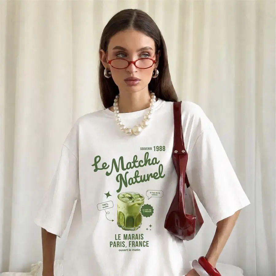 Sweet Minimal French Cafe Oversized Tee Vintage Paris Matcha Latte Print Soft Cotton Women Loose White Vacation Casual T Shirt