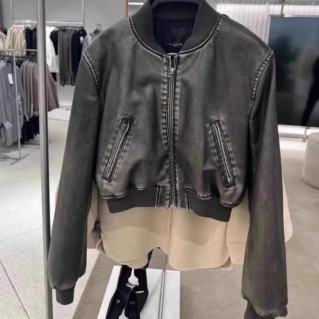 

Spring New Women's Stand Collar Faux Leather Pilot Jaet Coat ort Length Long Sve Street Sle Loose Fit PU Material