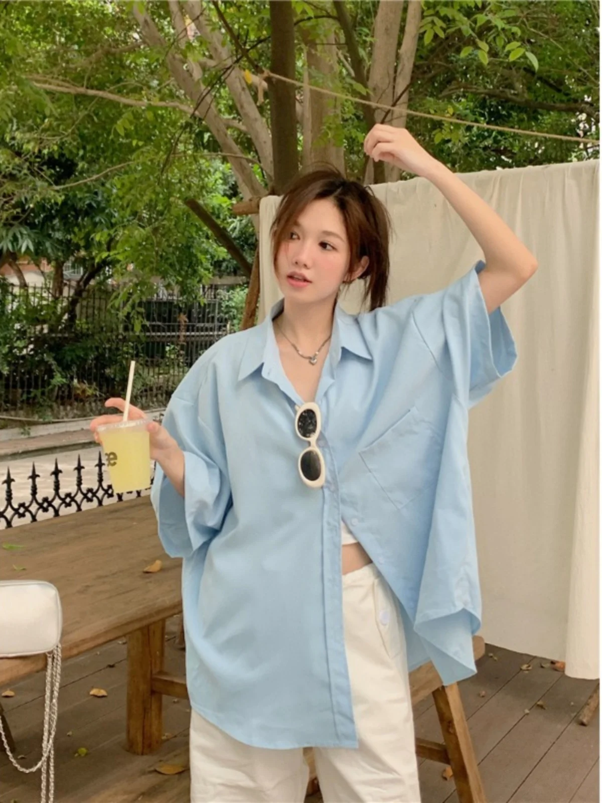

Dopamine Style Casual Loose Women's Shirt Short Sleeve Spring New Lazy Fashion Mid-Length Top Comfortable Korean Version Butt...