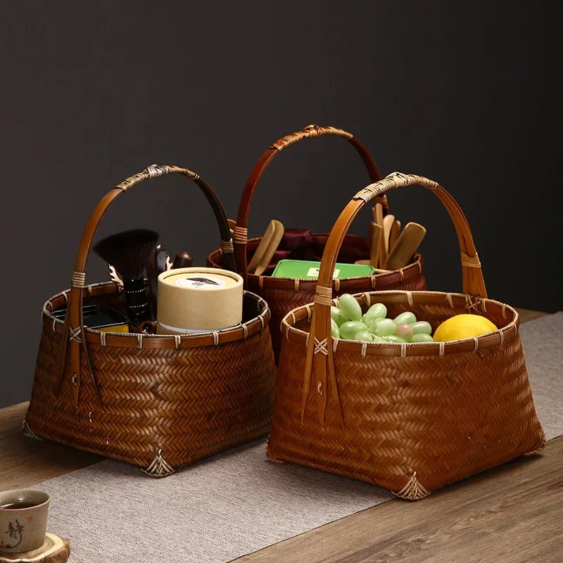 Retro Old Bamboo Weaving Storage Basket, Outdoor Hand Picnic Basket Household Chinese Tea Set Storage, Multifunctional Organizer