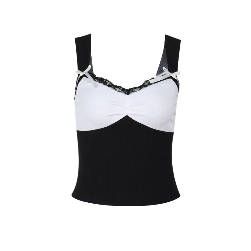 

Strap Bow Lace Border Contrasting Color Vest For Hot Girls Summer Slim Fit Versatile Knitted Top