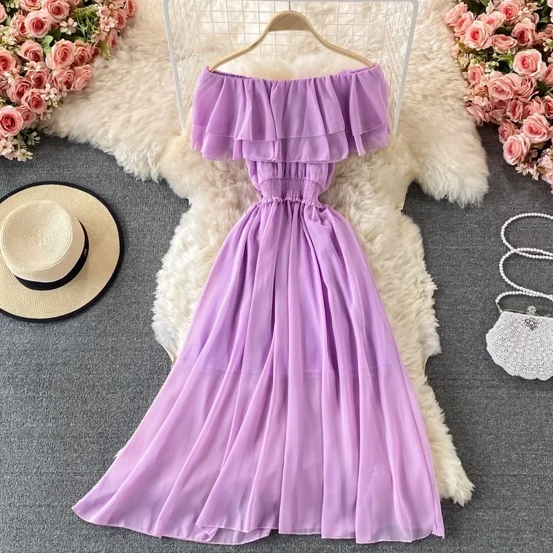 Korejepo Bali Holiday Beach Dresses Slim Big Swing Long Dress Sexy Off The Shoulder Slim Shoulder Leaf Edge Chiffon Clothes