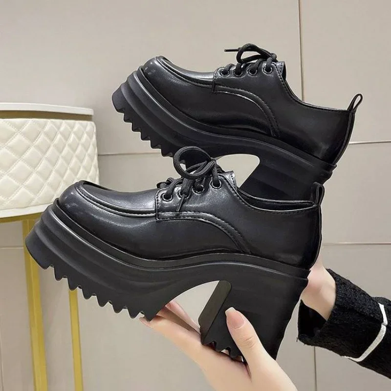 2023 Lace Up Spring Women Pumps Black Loafers Chunky 10CM High Heels High Platform British Autumn Ladies Thick Bottoms Shoes