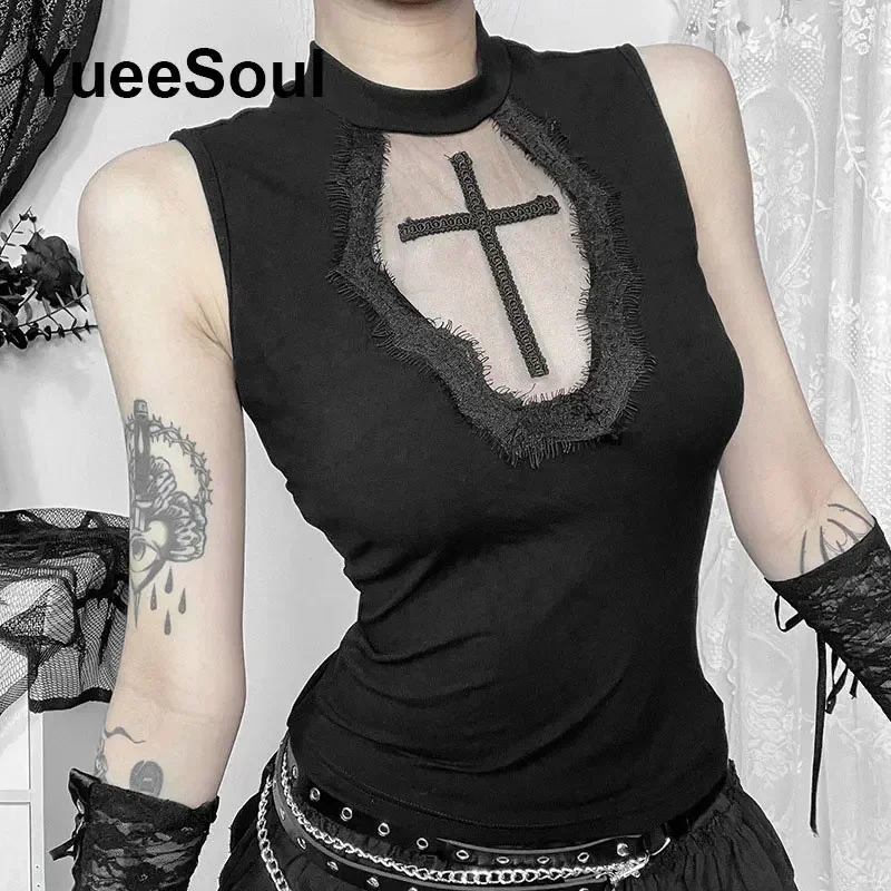 Gotico Crop Top Nero Della Cinghia di Spaghetti Maglia Sottile Corsetto Magliette e camicette 2024 Nuovo Goth Punk Grunge Fairy Core Sexy Y2K