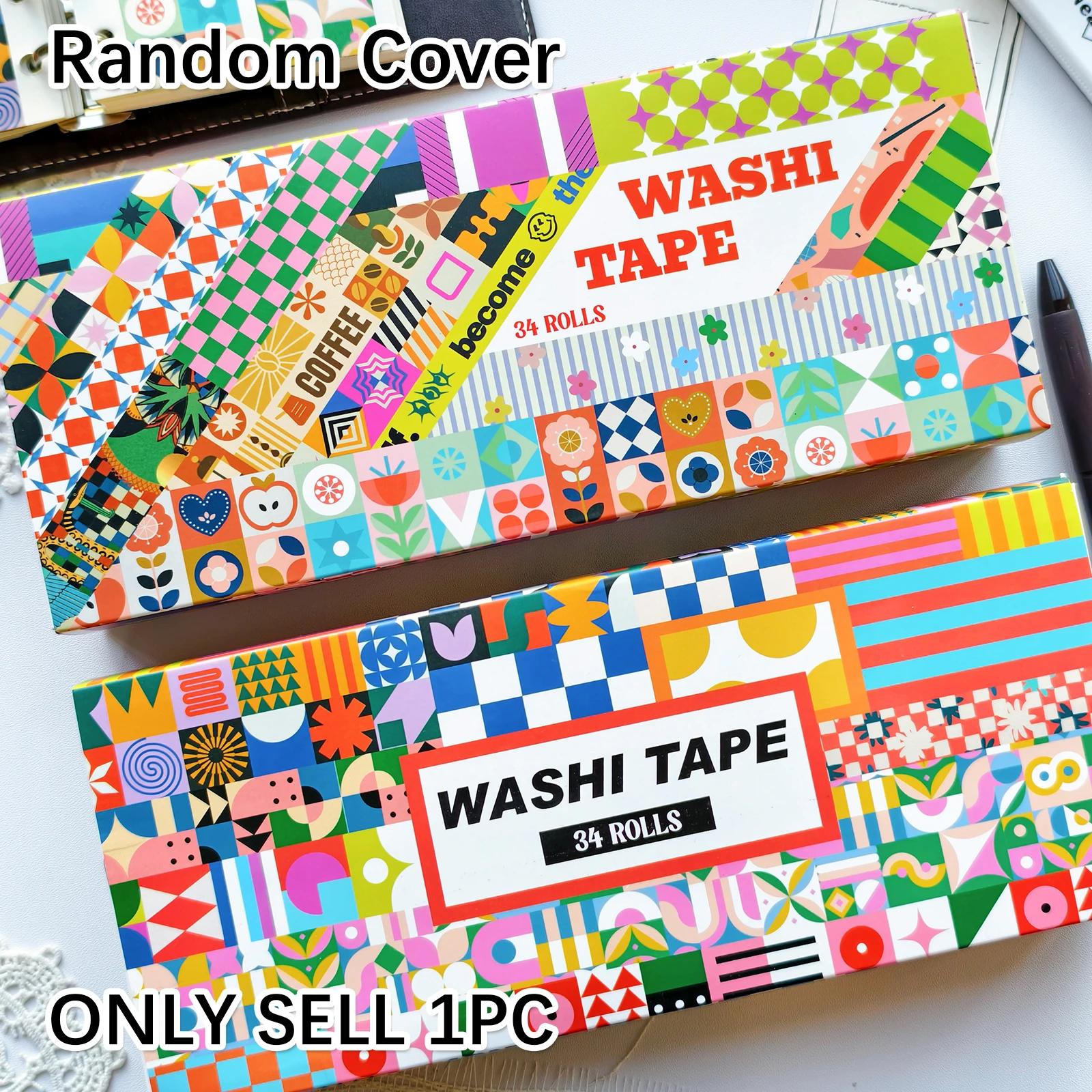 Random Cover 34 Rolls Aesthetics Washi Tape,  Geometric Design Decorative Tape for Scrapbook Junk Journal Planners DIY Art Craft