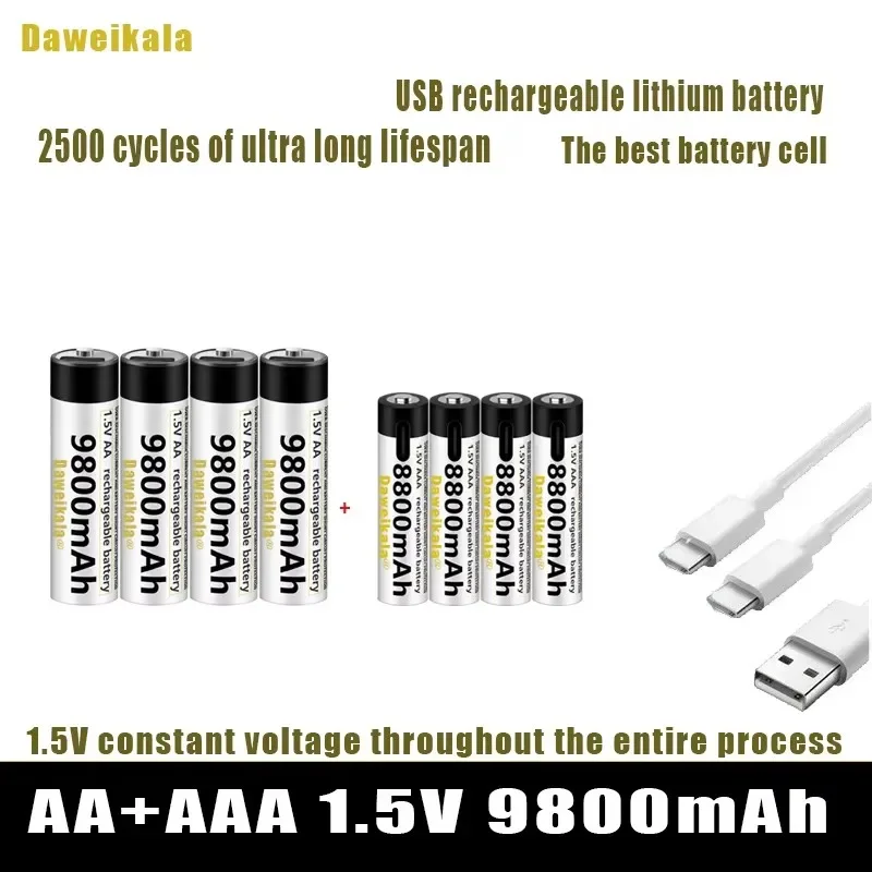 1.5V AA + AAA USB Rechargeable battery  AA 9800mAh/AAA 8800mAh li-ion batteries for toys watch MP3 player thermometer+ Cable