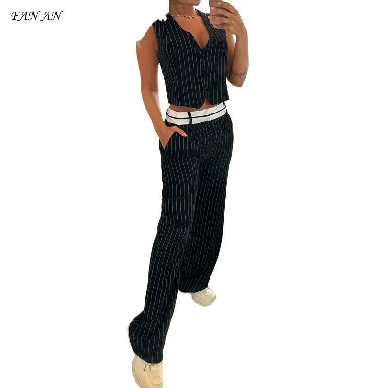 

2024 New Fashion Commuter Suit Striped Casual V-neck Sleeveless Striped Waistcoat Straight Leg Trousers Women's Two-piece Set