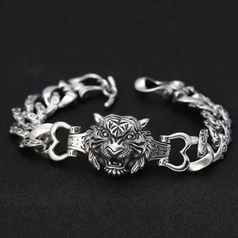 Domineering Retro Tiger Head Bracelet 925 Silver Franco Link Chain 18/20/22CM Men Luxury Personality Party Jewelry Gift