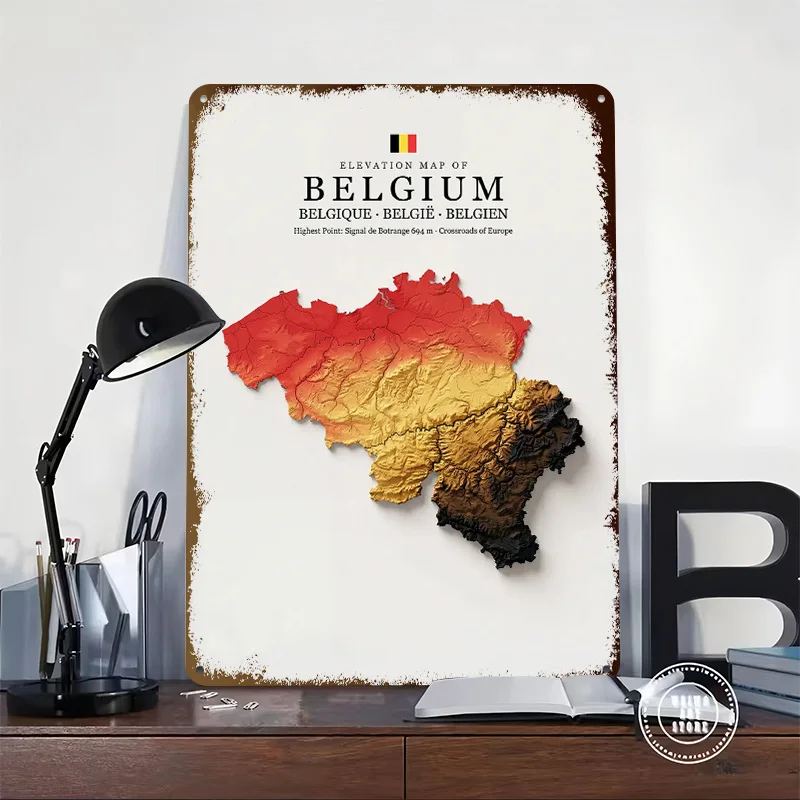 Elevation Map of Belgium Metal Poster Perfect Gift for Fans Lovers Personalized Wall Art Metal Sign for Home Decor Ornaments