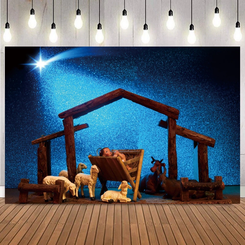 خلفية عيد الميلاد لولادة يسوع، السماء المرصعة بالنجوم، العائلة المقدسة، التجمعات الدينية، المهد لخلفية التصوير الفوتوغرافي للديكور الاحتفالي #4