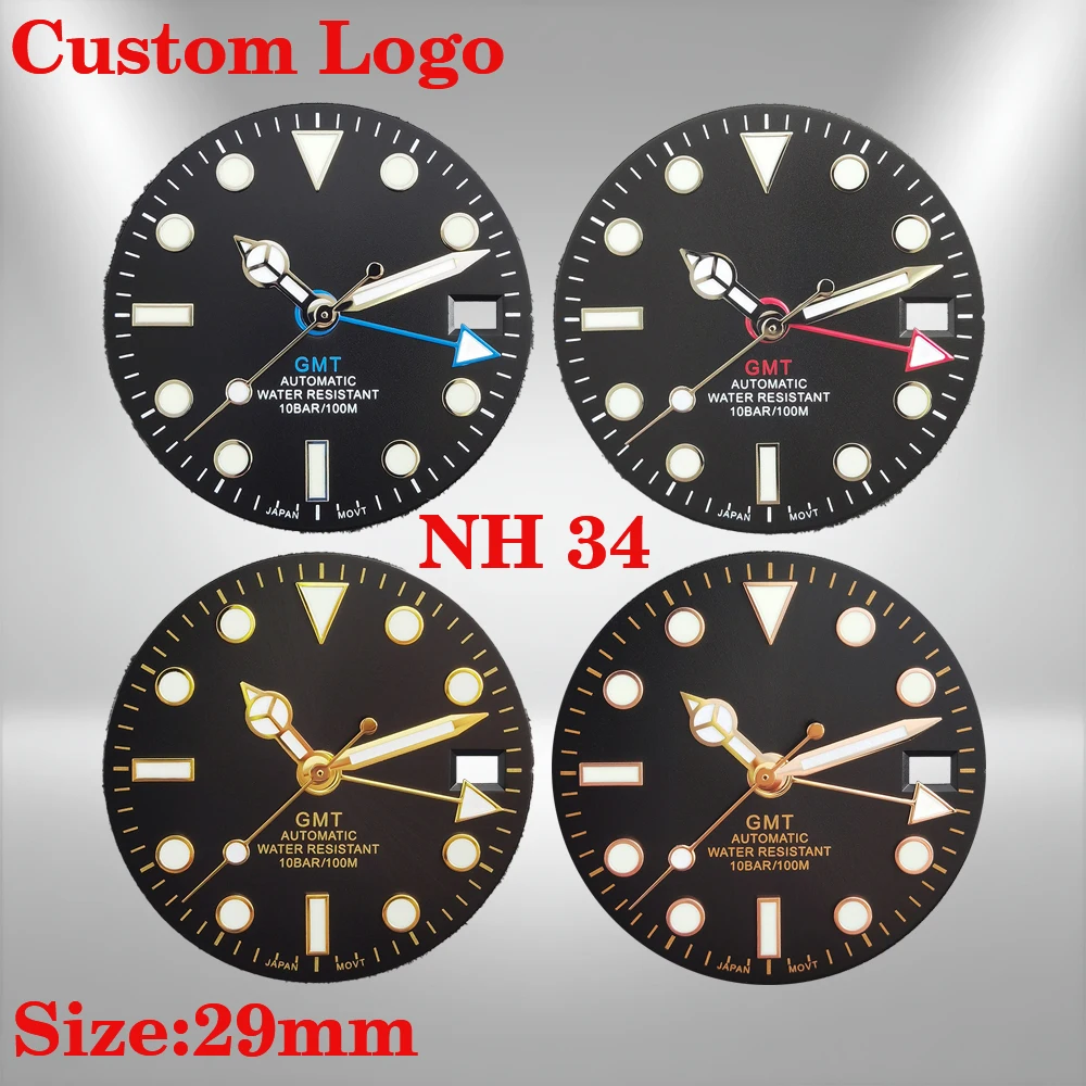 

GMT dial 29mm unmarked dial, custom logo, four pointer green illuminated dial, suitable for NH34 movement watch accessories
