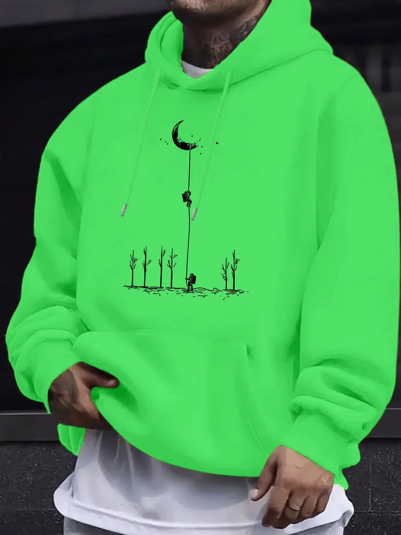 

Men's Casual Versatile Hoodie with Moon Landing Pattern - Casual Pullover Kangaroo Pocket Stretch Fabric Unisex