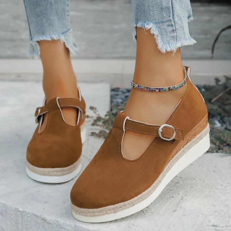 New Shallow Mouth Women's Solid Color Wedge Casual Sports Shoes Autumn Thick Sole Buckle Walking Shoes Versatile Women's Shoes image 2