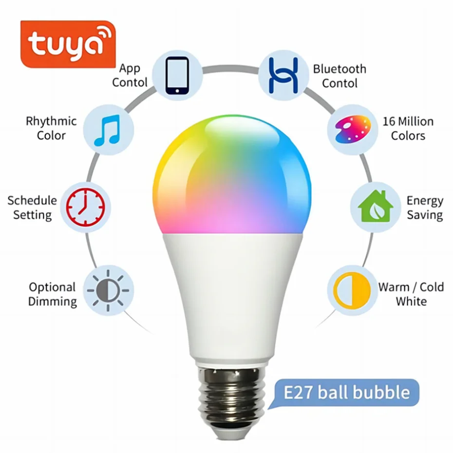 E27 Glühbirne drahtlose Bluetooth 4,0 Smart Tuya App-Steuerung dimmbar 15w e27 rgb cw ww LED Farbwechsel Lampe kompatibel ios/android