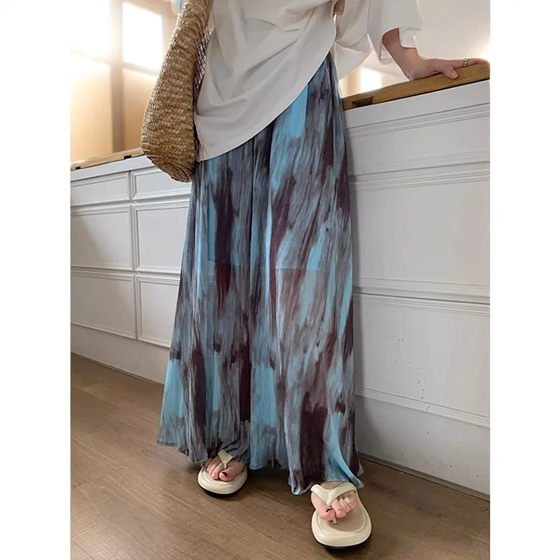 

MEXZT Vintage Tie Dye Long Skirt Women Harajuku Tulle Print Maxi Skirts Summer Vacation Korean High Waist Mesh A Line Skirt New