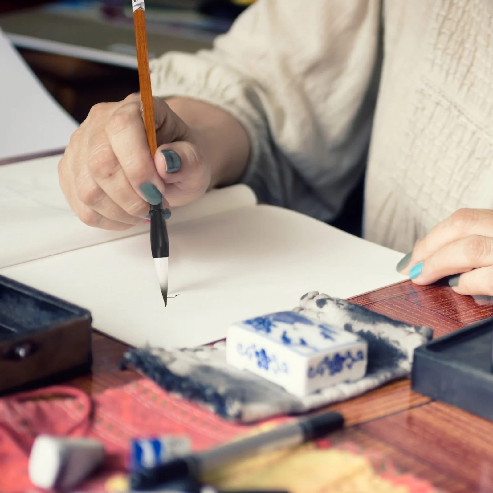 Analyste de peinture au pinceau de calligraphie pour enfants, peinture chinoise créative, papeterie, stylos d'écriture, pratique, marron, 9 pièces