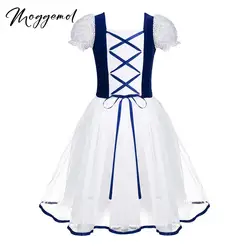 Kids Girls Giselle Ballerina Costumes Princess Ballet Tutu Dress Velvet Lace Bubble Sleeves Dance One Piece Leotard Tulle Dress