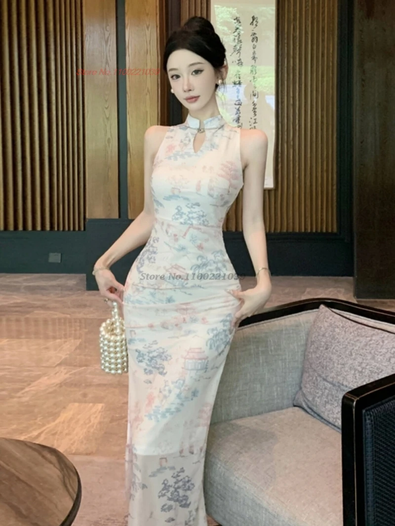 

Традиционное сексуальное платье-ципао 2026 года в стиле ретро, без рукавов, из сетки, вечернее платье-ципао, сексуальное платье с открытыми плечами, для ночного клуба, банкета, вечеринки.