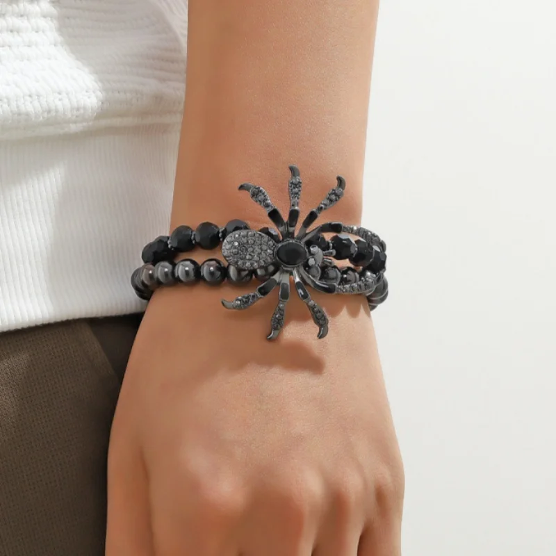 Black Goth Emo Big Crystal Spider Matching Bracelets For Men Women Goth Punk Beaded Bracelet Bangles Halloween Festival Jewelry