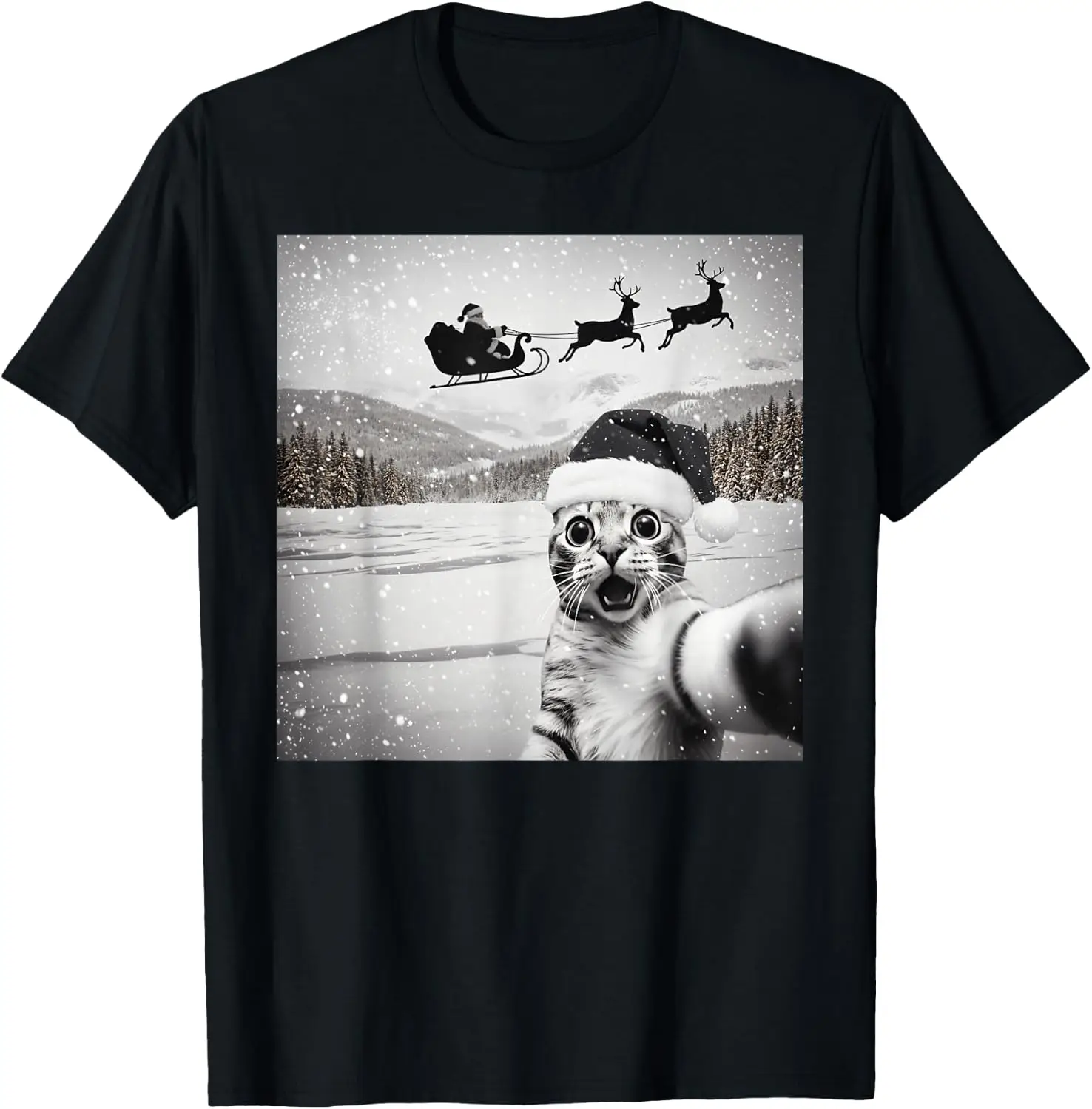 Cat Selfie With Santa Funny Christmas For Men Women Kids T-Shirt Halloween Cotton Short-Sleeve Tee: Fun, Stylish, Breathable, and Casual