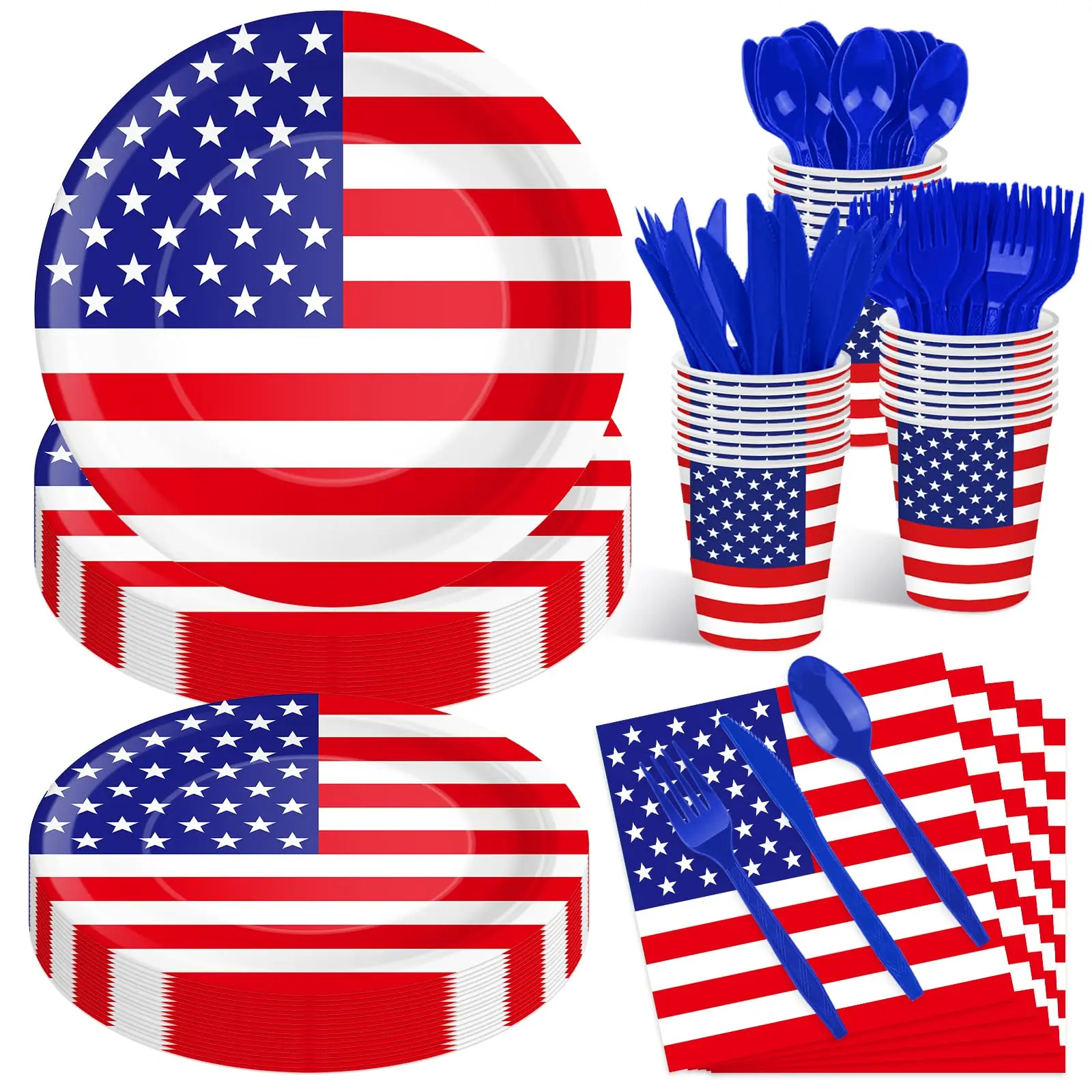 Partyzubehör zum Unabhängigkeitstag, amerikanische Flagge, Geschirr, USA-Teller, Tassen, Servietten, Gabeln, Löffel für Party-Dekoration zum 4. Juli, USA – Detail 1