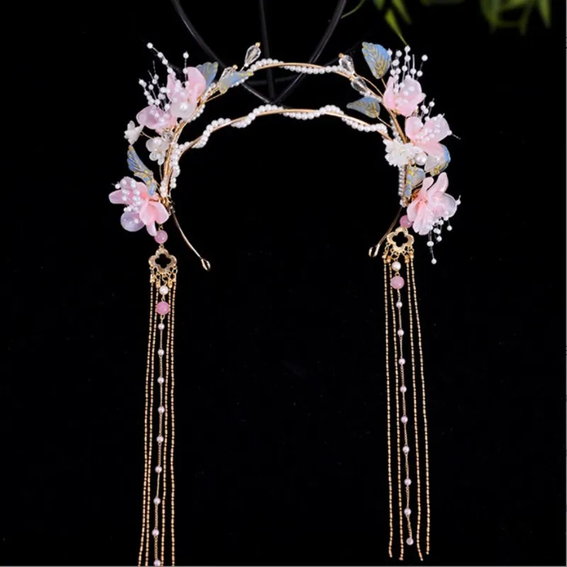 Chinese Hanfu Hair Accessories Floral Hairband Long Tassel Tiaras Headband Wedding Hair Hoop Fairy Hair Jewelry Vintage Crown