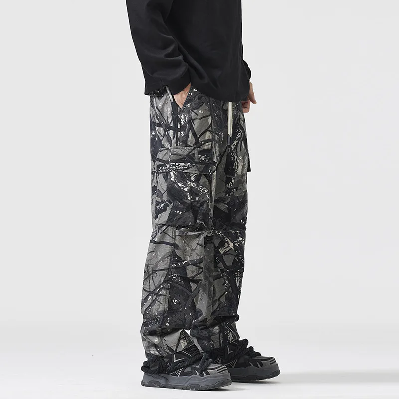 خريف جديد ملابس قطنية مموهة للرجال ماركة أزياء متقدمة تصميم جيب كبير فضفاض مستقيم الساق سراويل تقليدية #4