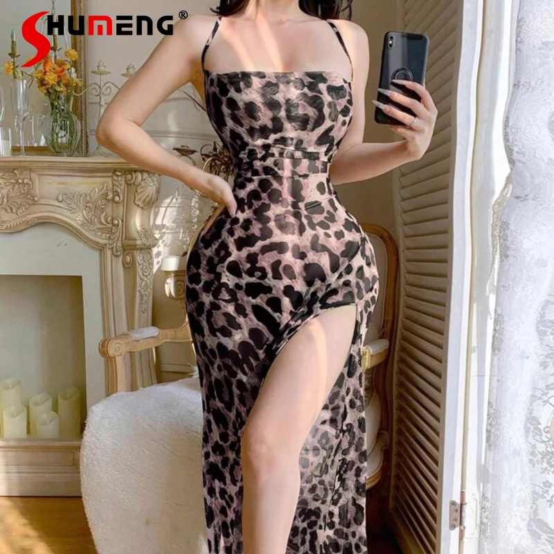 

Сексуальное нижнее белье с леопардовым принтом Pure Desire, женские ночные рубашки с открытой спиной и разрезом на шнуровке, женские уличные ночные рубашки