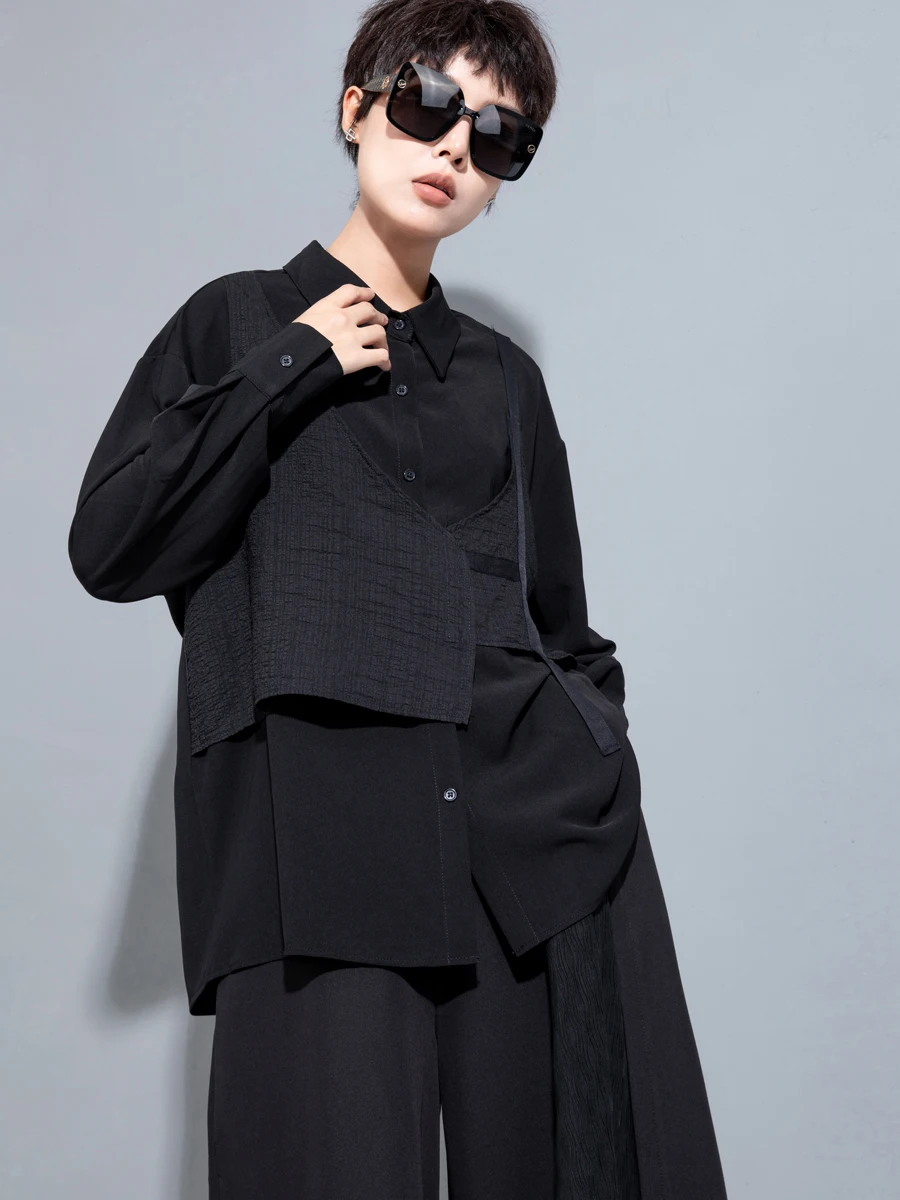 

Original Design Spring New Casual Asymmetrical Women's Shirt Dark Series Fake Two-Piece Fashion Long Sleeve Button up Top