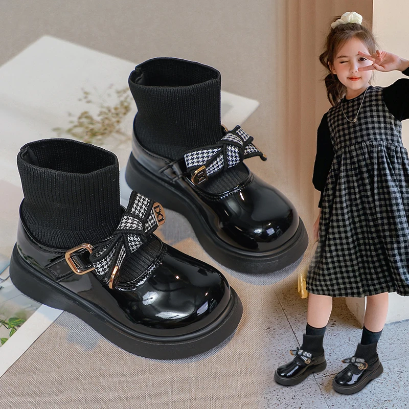 

Children Ankle Boots for Girls Glossy Leather Shoes Kids Fashion High quality and generous Bow Casual Princess Sock Boots