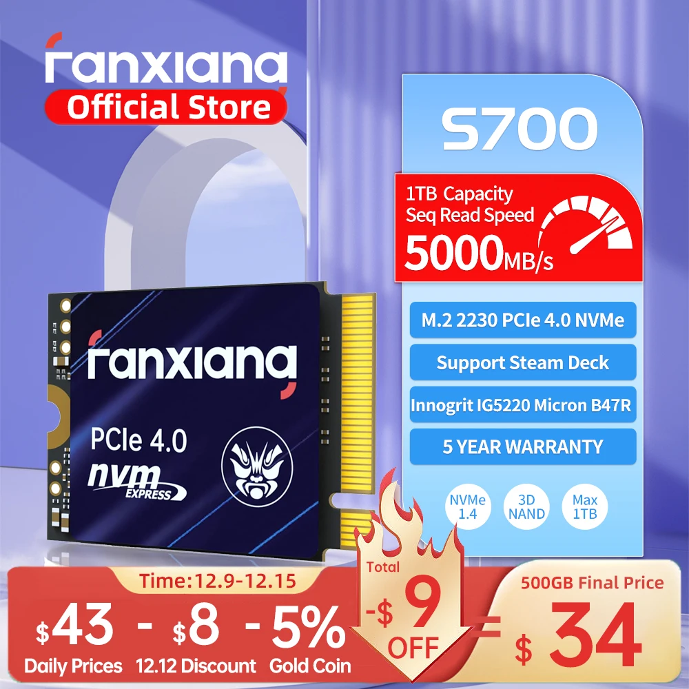 Fanxiang S700 M.2 2230 SSD 5000MB/s 500GB 1TB Hard Disk PCIe4.0x4 NVMe Internal Solid State Drive For Steam Deck Surface Pro