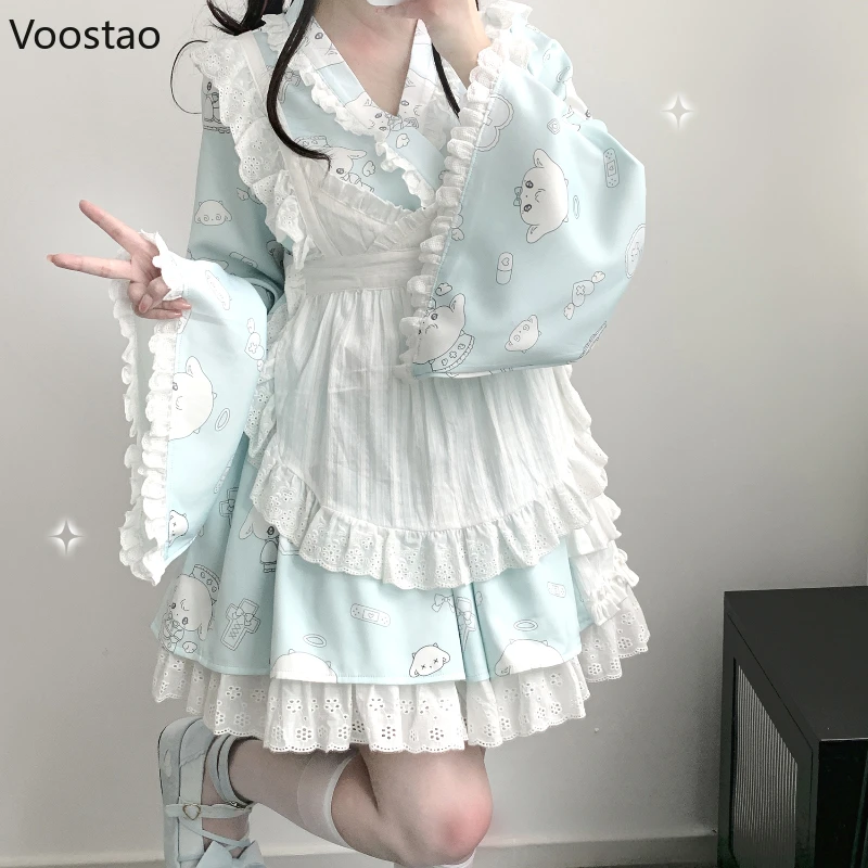 Abito da cameriera Lolita dolce giapponese Kawaii Cute Cartoon Print abiti da festa principessa con grembiule Costume Cosplay Set di abiti Kimono