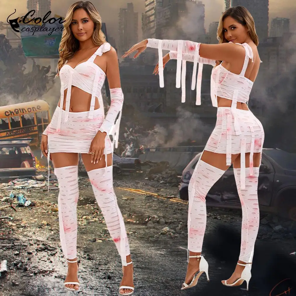 

Color Cosplayer The Wounded Set Zombie Cosplay Costume Halloween Mummy Suit Day of The Dead Women Outfit Festival Clothing