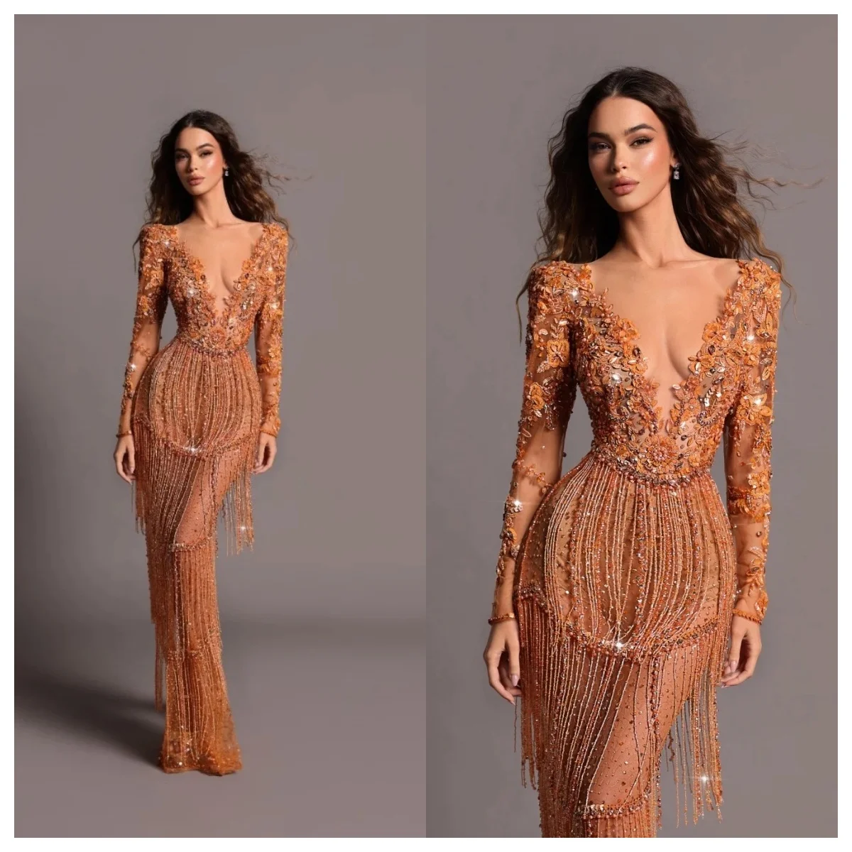 Kristall-Abendkleider im Meerjungfrau-Stil, volle Ärmel, V-Ausschnitt, Perlen, Spitze, Ballkleid, bodenlang, Vestido De Noite, individuell gestaltet
