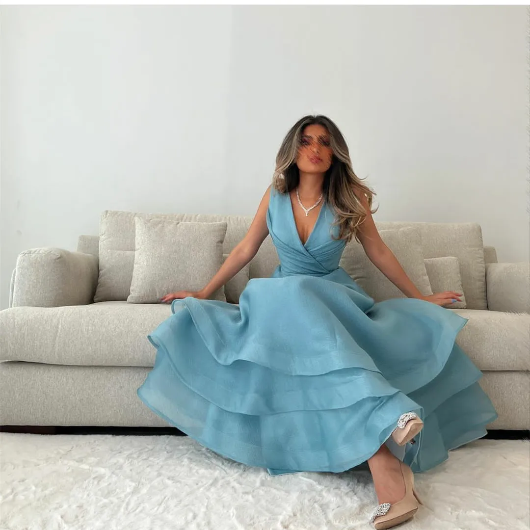 

AsaNagi Classic Blue Organza Sleeveless Evening Dresses A-Line V-Neck Floor-Length Prom Dress Robes De Soirée Party Dress 2023