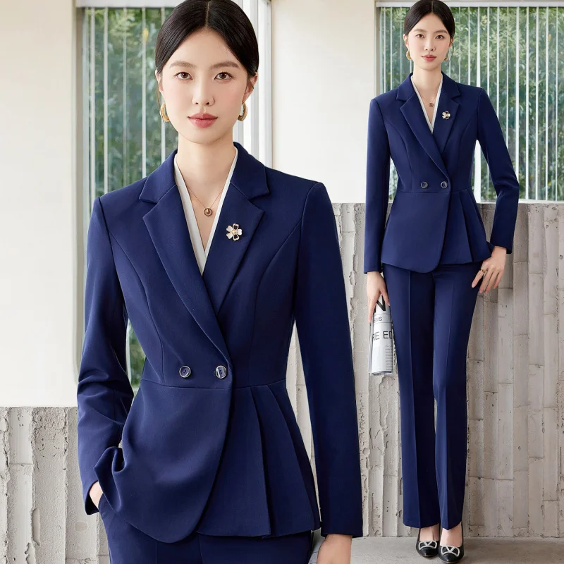 Blue Professional Suit Set for Women, Spring and Autumn, High-End Feel, Jewelry Store Workwear, Hotel Front Desk Reception Elega