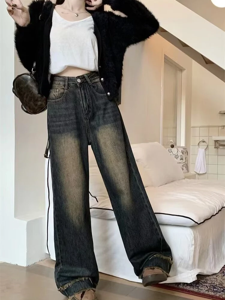 Estilo americano do vintage de cintura alta baggy perna reta jean feminino nova moda coreano alta rua calças jeans streetwear