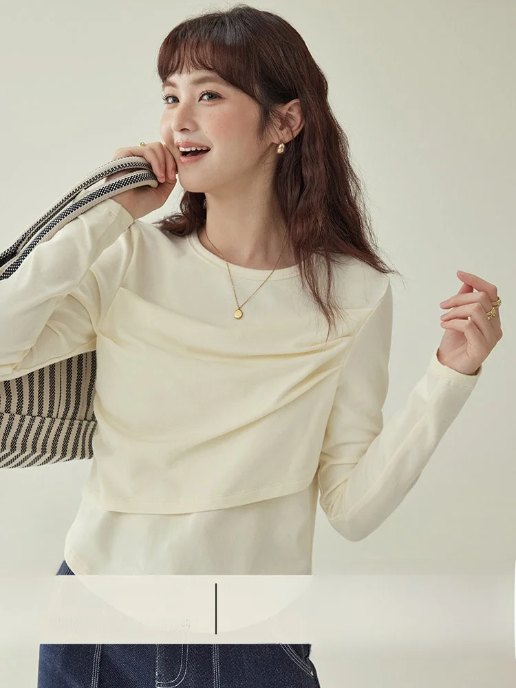 

Женская футболка AMUU с эффектом двухслойности, круглым вырезом, в стиле пэчворк, новая зимняя коллекция, однотонная, для повседневной носки, из хлопка.